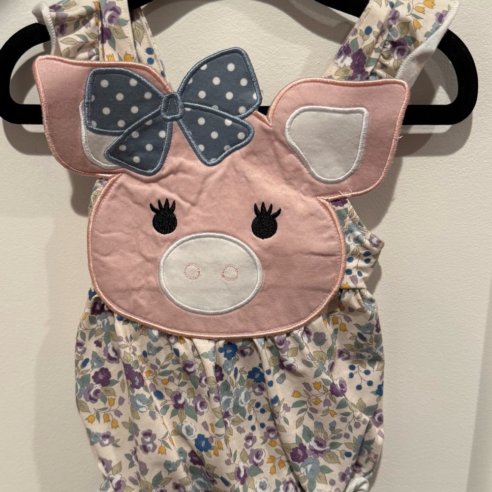 Floral Piglet Kids Bodysuit with Blue Bow
